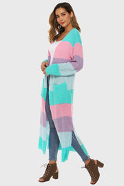 Rainbow stripe maxi cardigan with pockets in aqua and pink, acrylic knit, open front, long sleeve