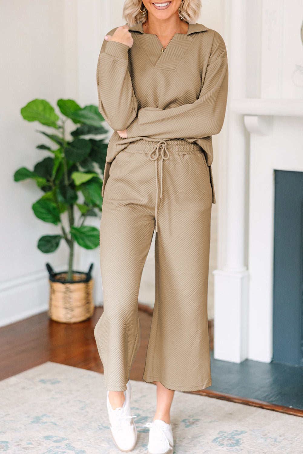 Tan textured polo top and wide-leg culottes with drawstring waist