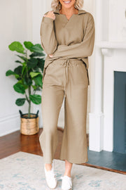 Tan textured polo top and wide-leg culottes with drawstring waist