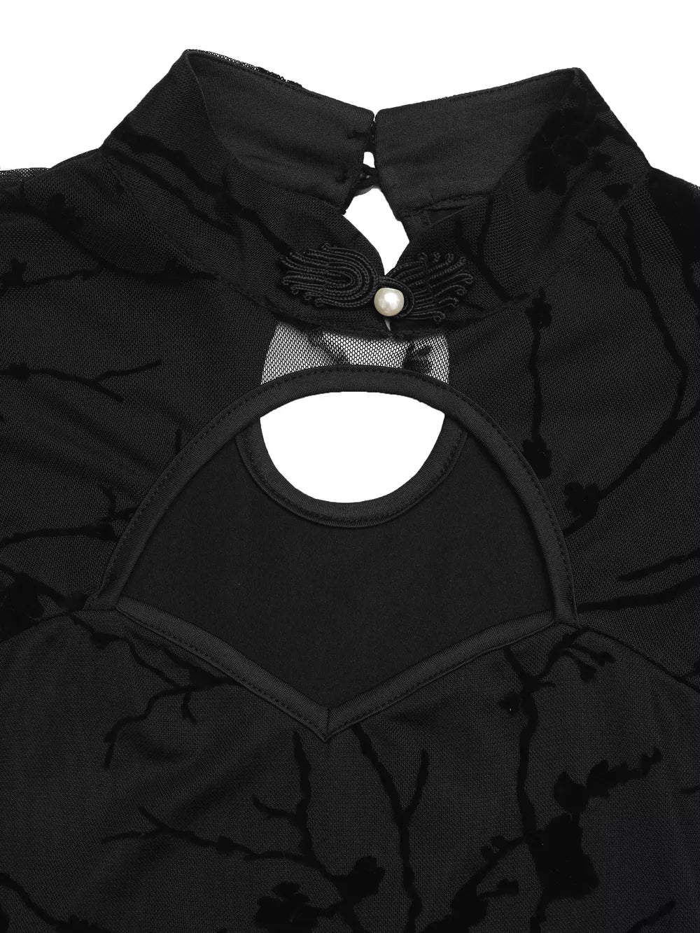 Black mesh t-shirt with mandarin collar, cutout detail, and floral pattern.