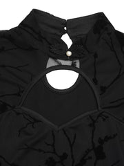 Black mesh t-shirt with mandarin collar, cutout detail, and floral pattern.