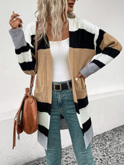 Textured stripe open-front cardigan in camel, black, white, and gray acrylic with pockets.