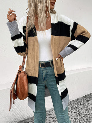 Textured stripe open-front cardigan in camel, black, white, and gray acrylic with pockets.