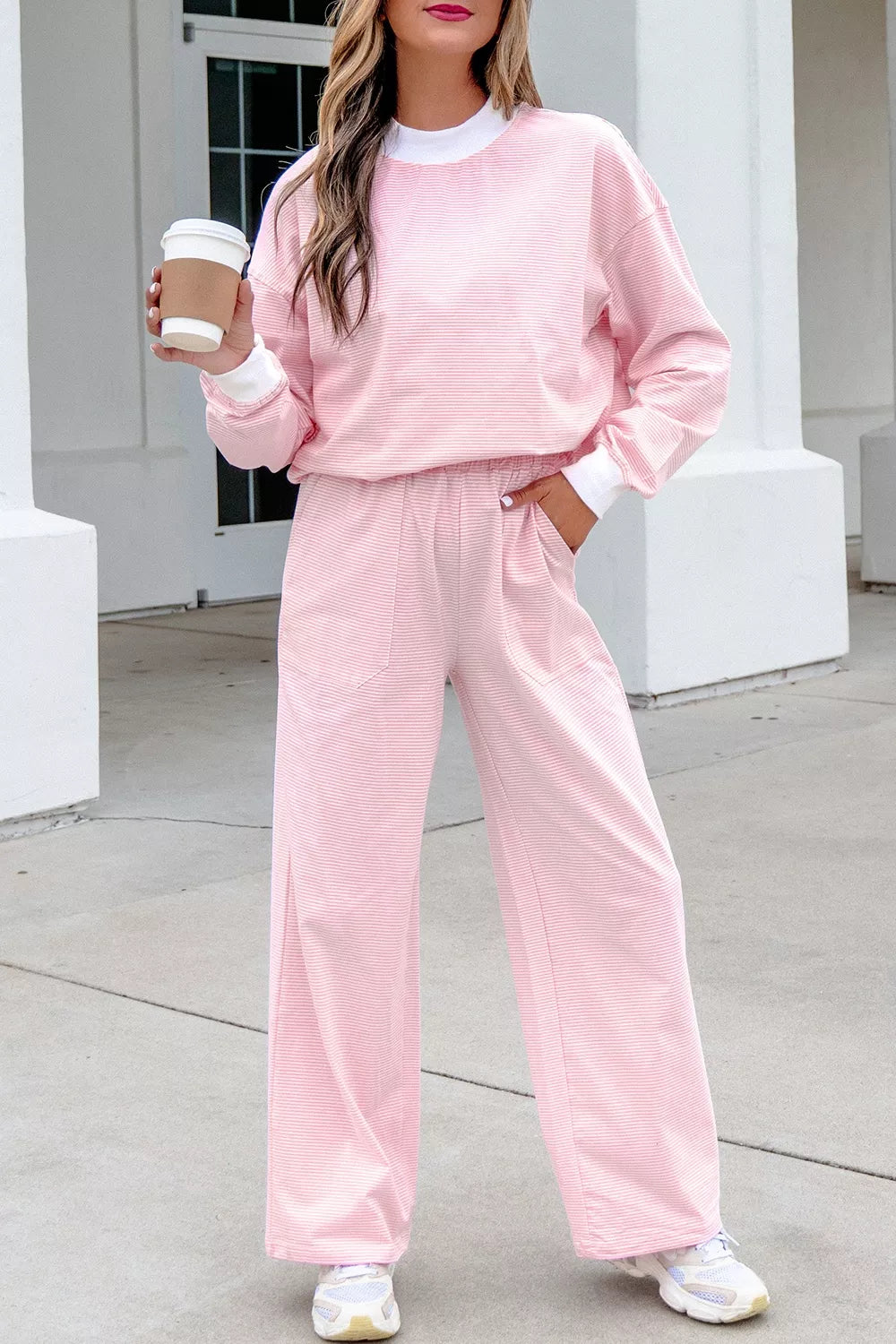 Striped Long Sleeve Top And Pants Set in Blush Pink, front view