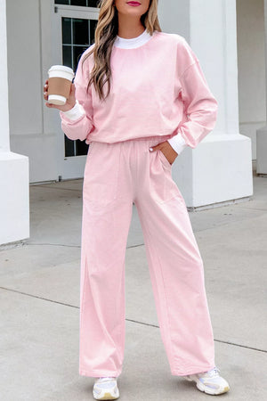 Striped Long Sleeve Top And Pants Set in Blush Pink, front view