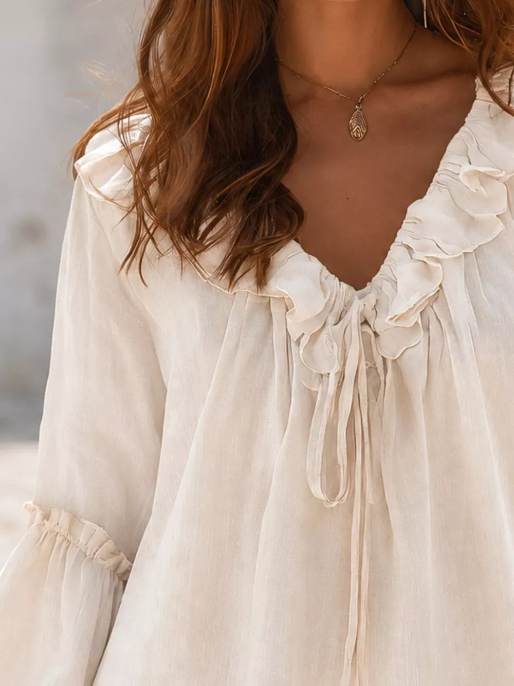 Ruffled Tie Front Flounce Sleeve Blouse in Blush Pink, back view