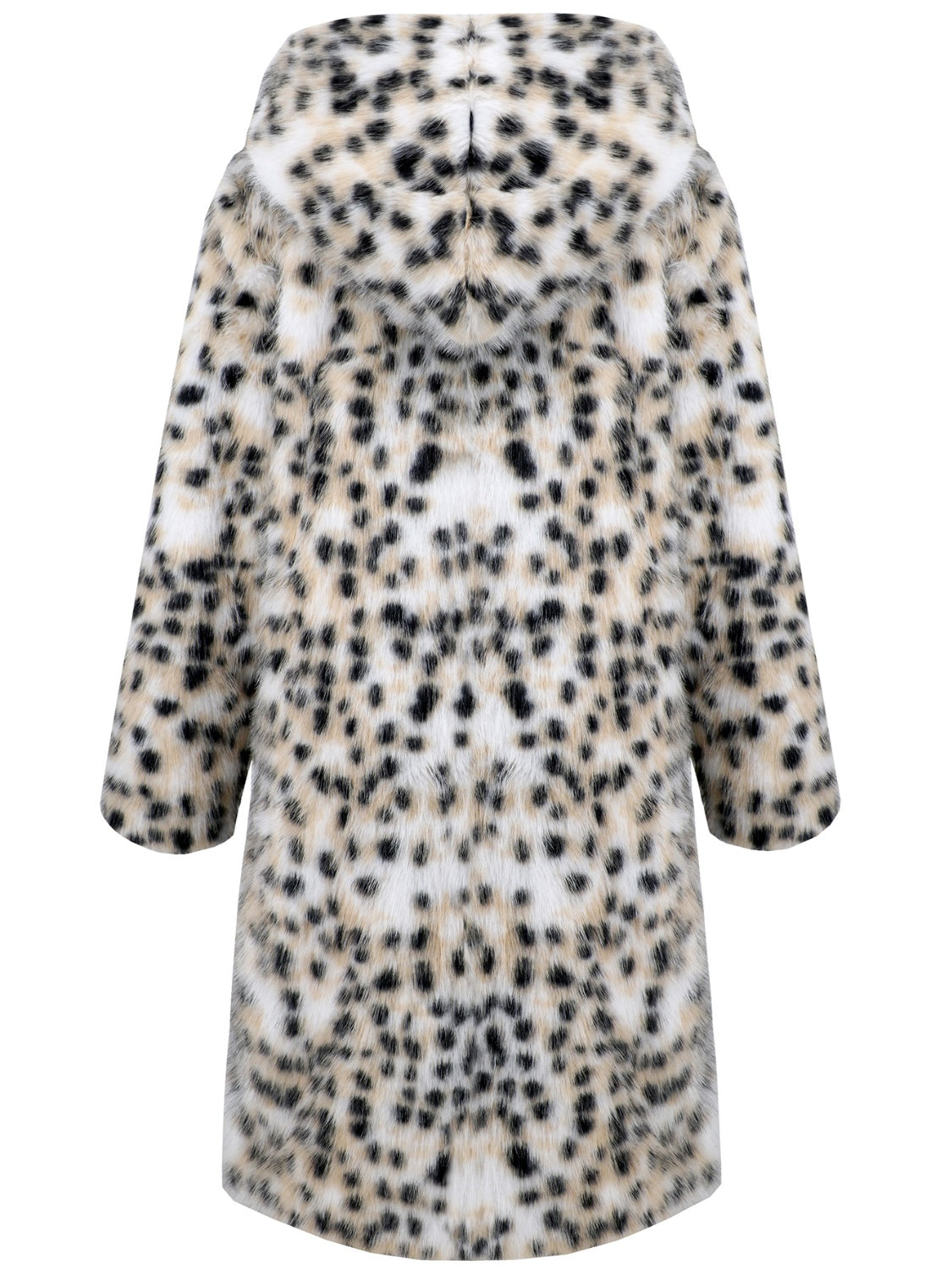 White leopard print faux fur maxi coat with hood