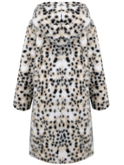 White leopard print faux fur maxi coat with hood