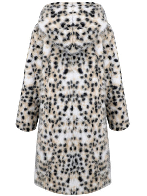 White leopard print faux fur maxi coat with hood