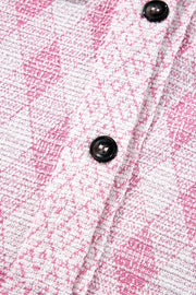 Pink diamond weave shacket with puff sleeves and button detail