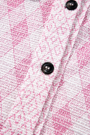 Pink diamond weave shacket with puff sleeves and button detail