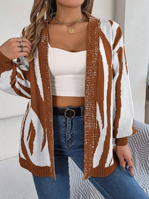 Zebra stripe open-front knit cardigan in caramel and white acrylic with long sleeves.