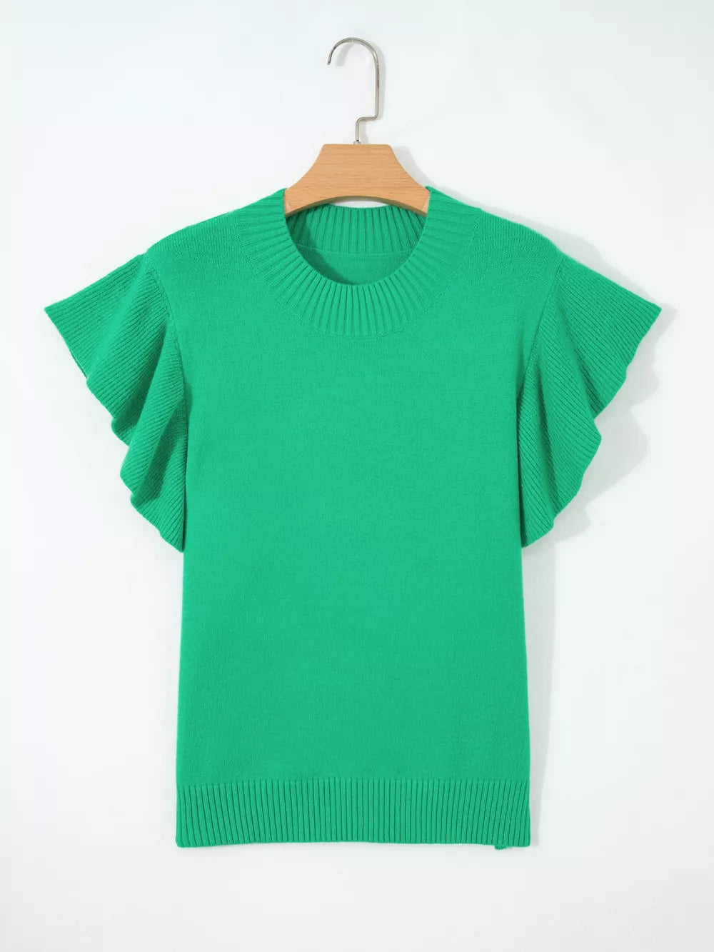 Green ribbed knit top with round neck and ruffled short sleeves.