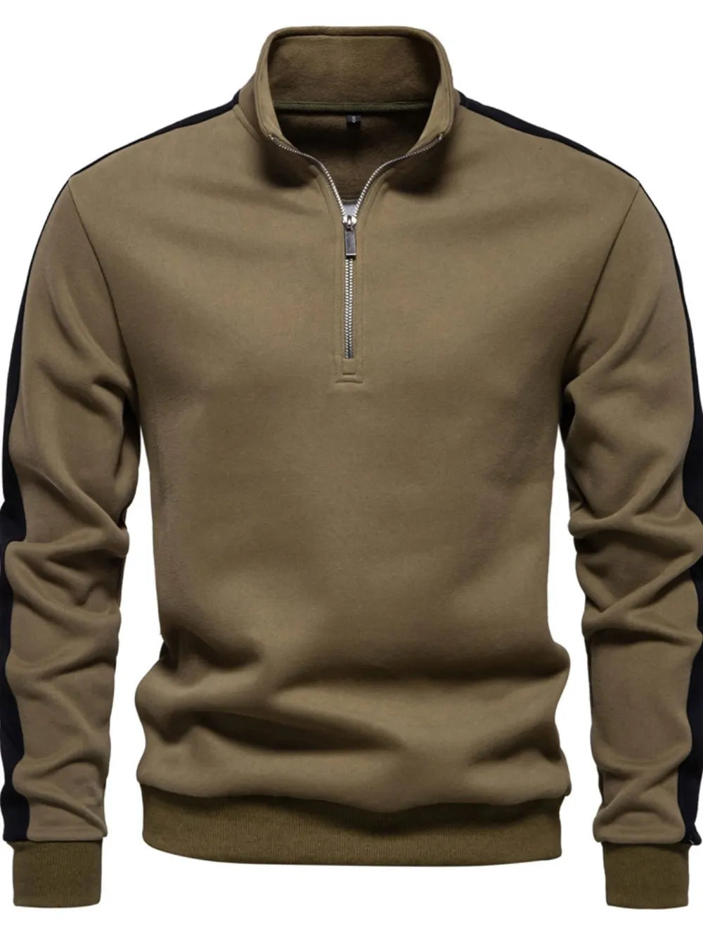 Quarter-zip sweatshirt in taupe with black side panels and a stand-up collar.