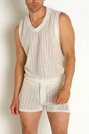 Textured knit tank and shorts set in ivory with vertical stripe detail.