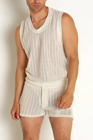 Textured knit tank and shorts set in ivory with vertical stripe detail.