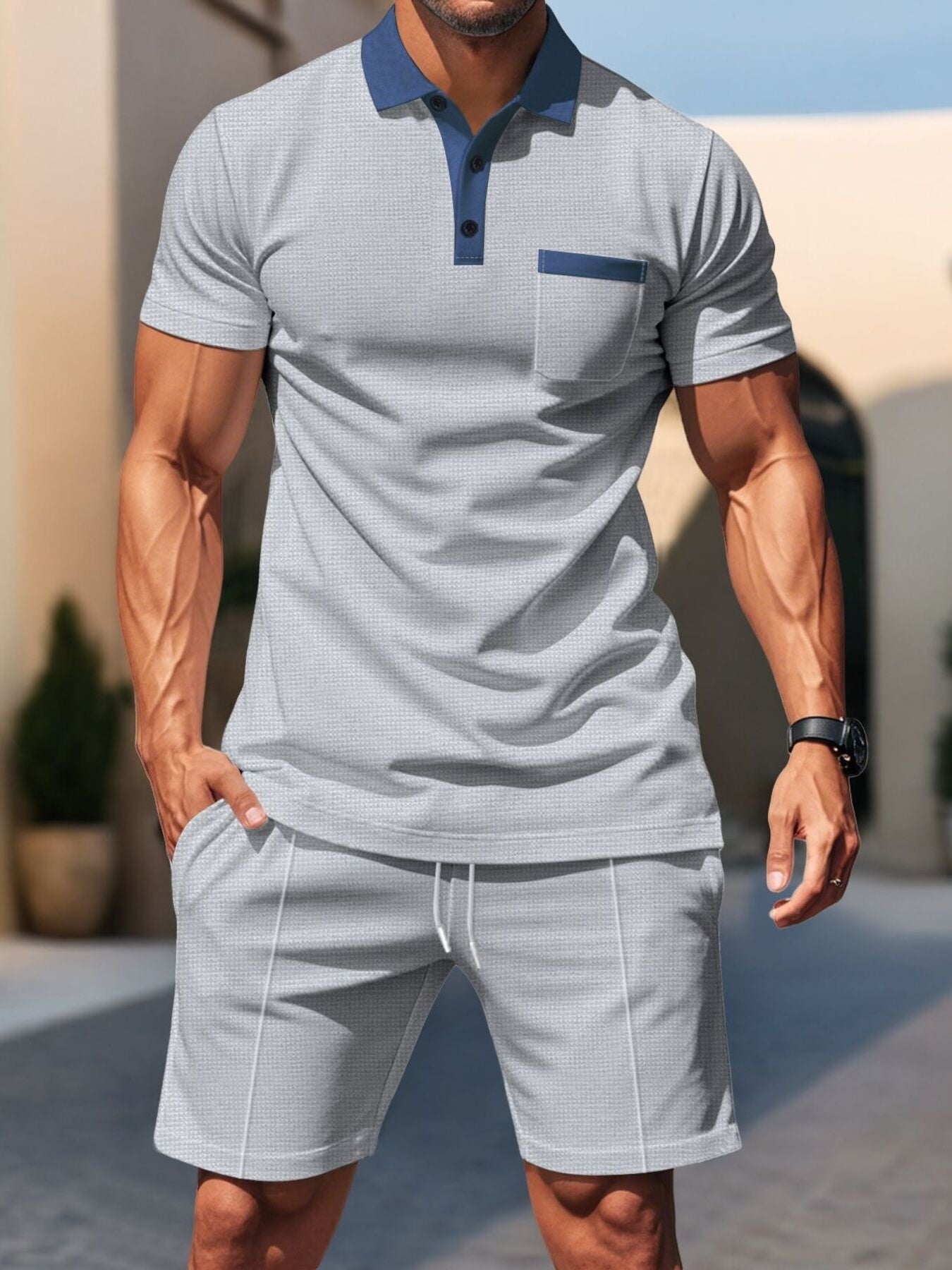 Grey polo shirt and shorts set with subtle pattern and blue accents.