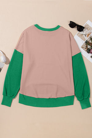 Chic Contrast Crewneck Sweatshirt in tan with green sleeves and trim. Casual, basic style.