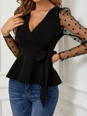 Polka Dot Mesh Sleeve Wrap Top in Black, close-up detail
