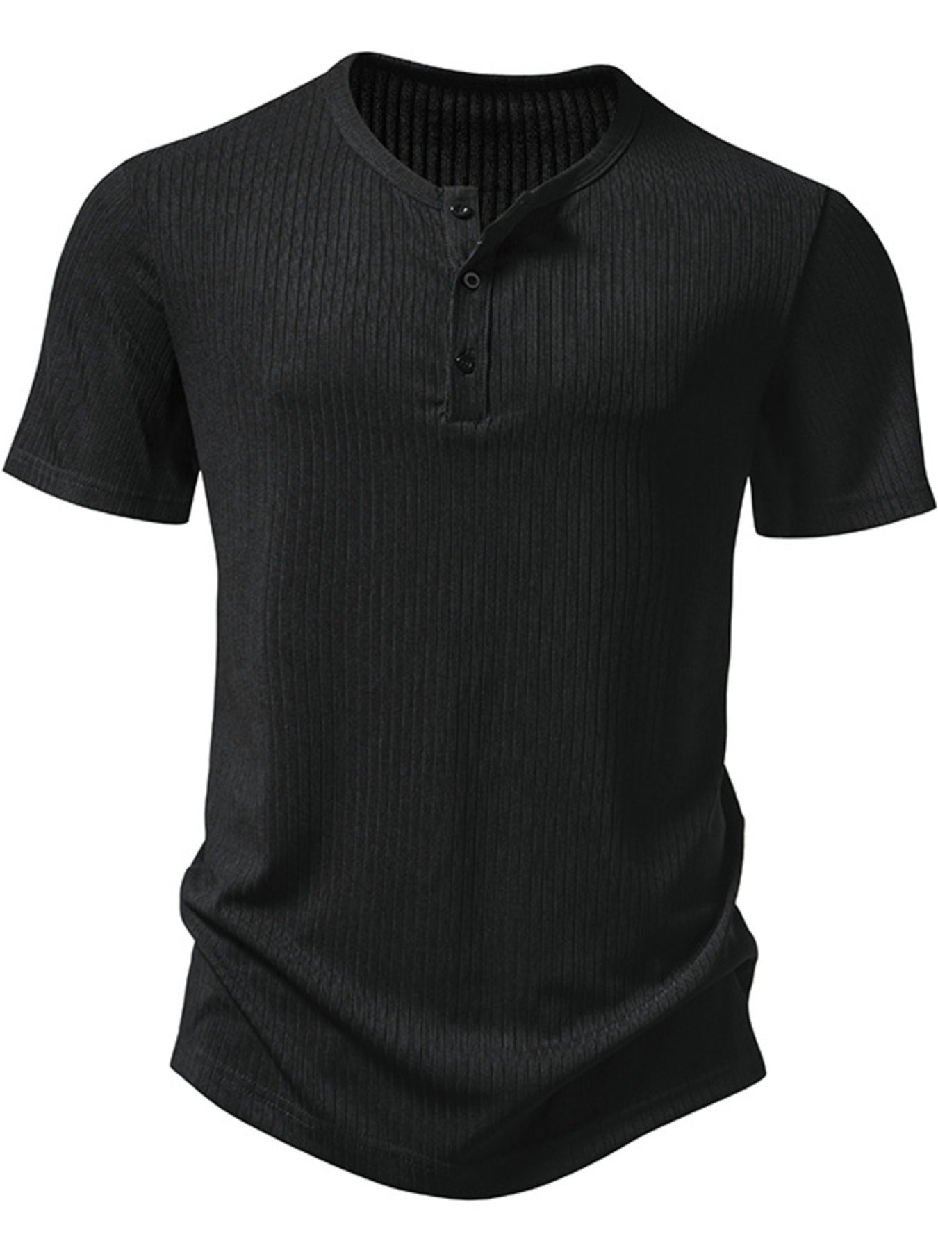 Men's black ribbed short sleeve henley t-shirt with button placket.