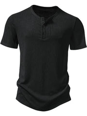 Men's black ribbed short sleeve henley t-shirt with button placket.