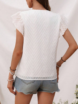 White textured chevron blouse with flutter sleeves