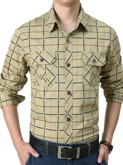 Plus-size casual long-sleeve shirt in Khakis plaid with buttoned chest pockets.