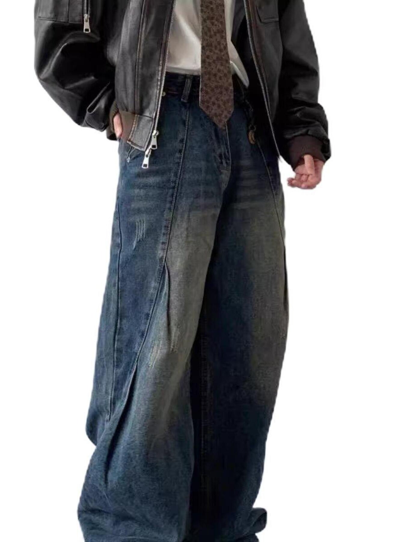 Men's vintage wash wide leg jeans in blue, featuring a relaxed fit and distressed details.
