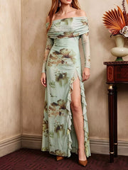 Ruffled Slit Off Shoulder Maxi Dress in Floral, front view