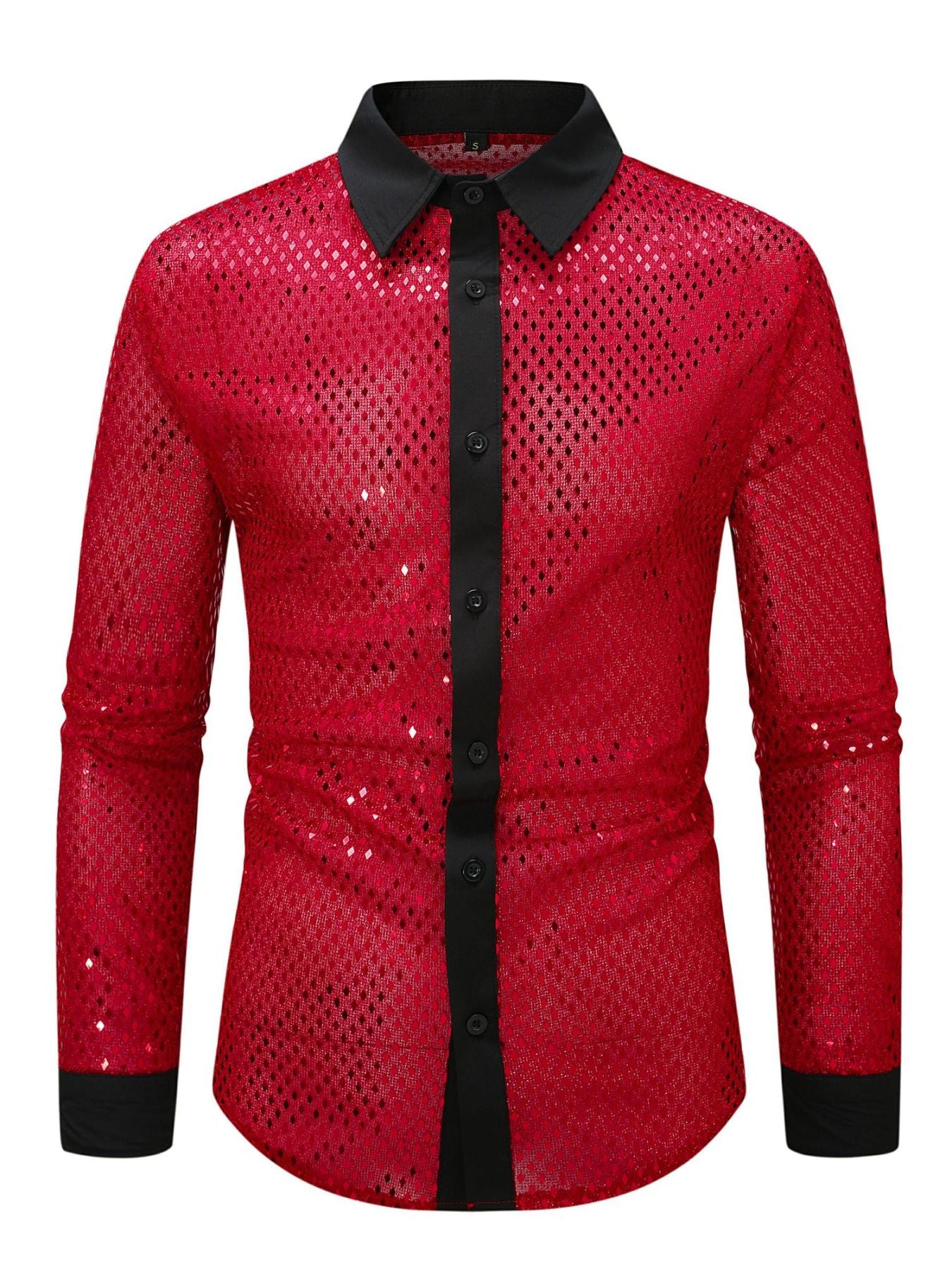 Men's red openwork long sleeve button-down shirt with black collar and trim.
