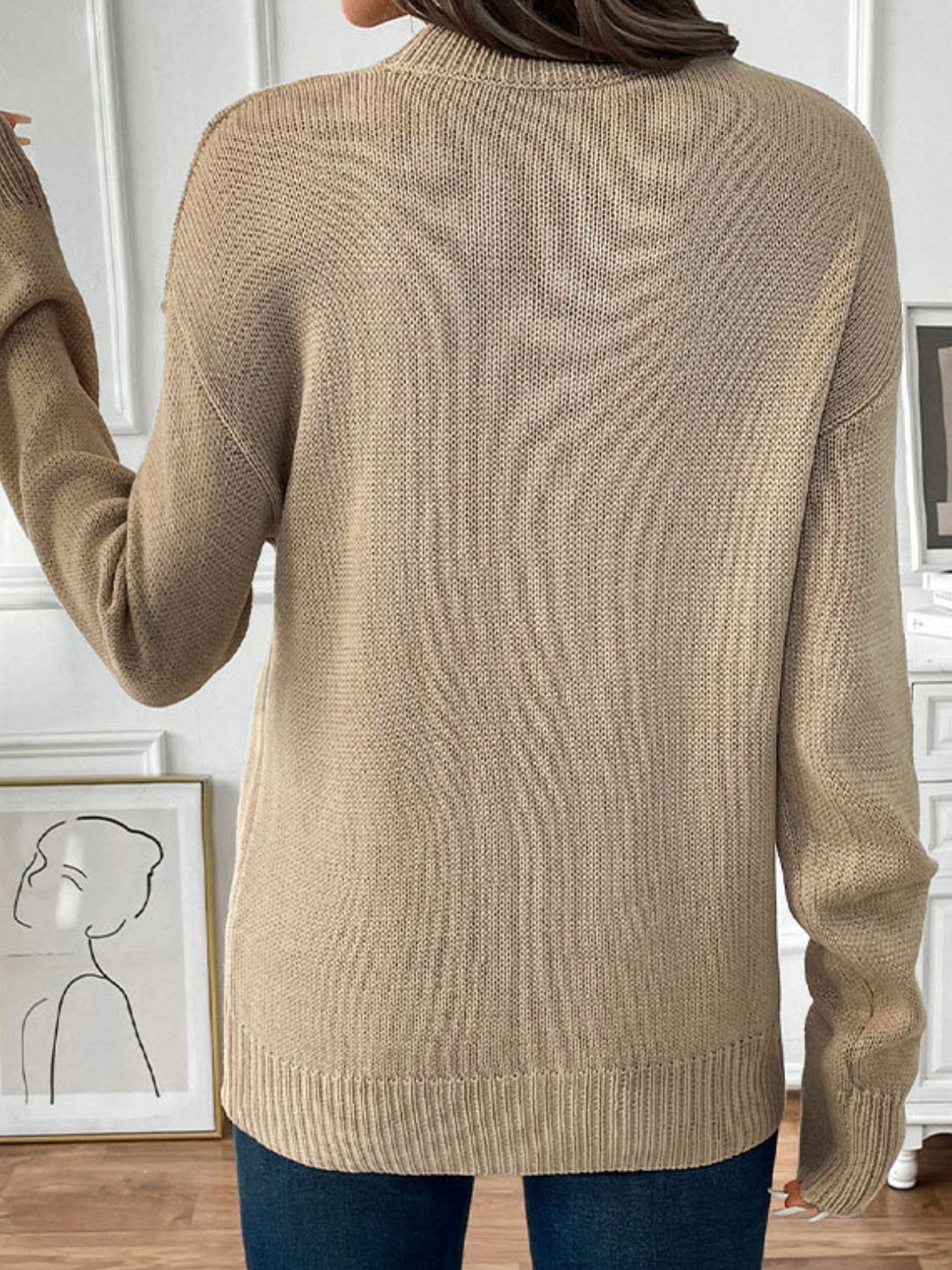 Khaki acrylic knit jumper with cherry motif, crew neck, and long sleeves.