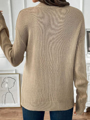 Khaki acrylic knit jumper with cherry motif, crew neck, and long sleeves.