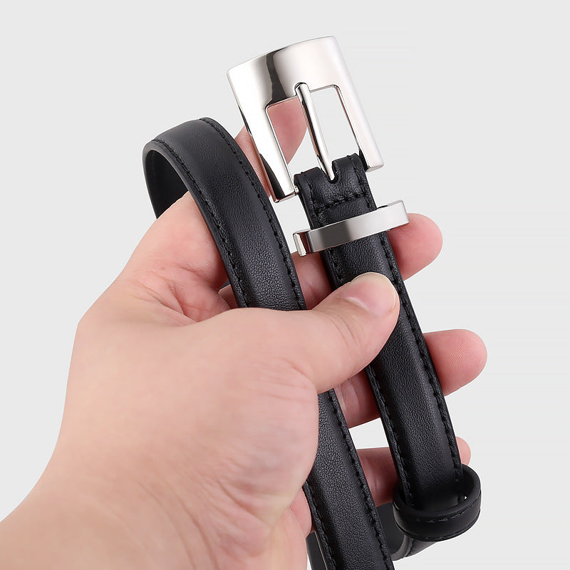 Black cowhide leather belt with a polished silver buckle and keeper.
