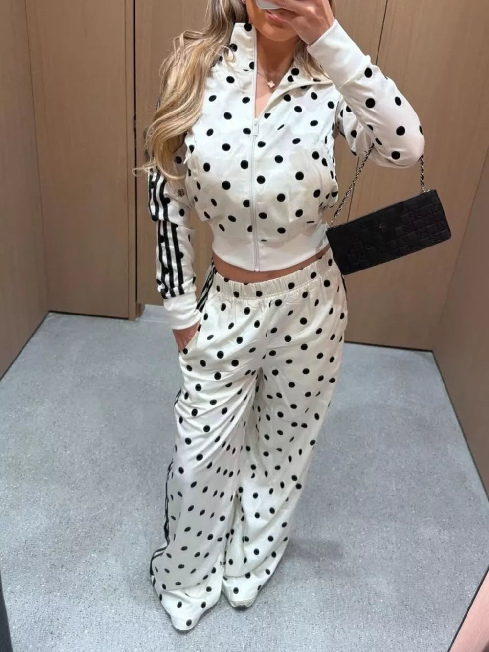 Polka Dot Zip Up Outerwear And Pants Set in Black, model styling view