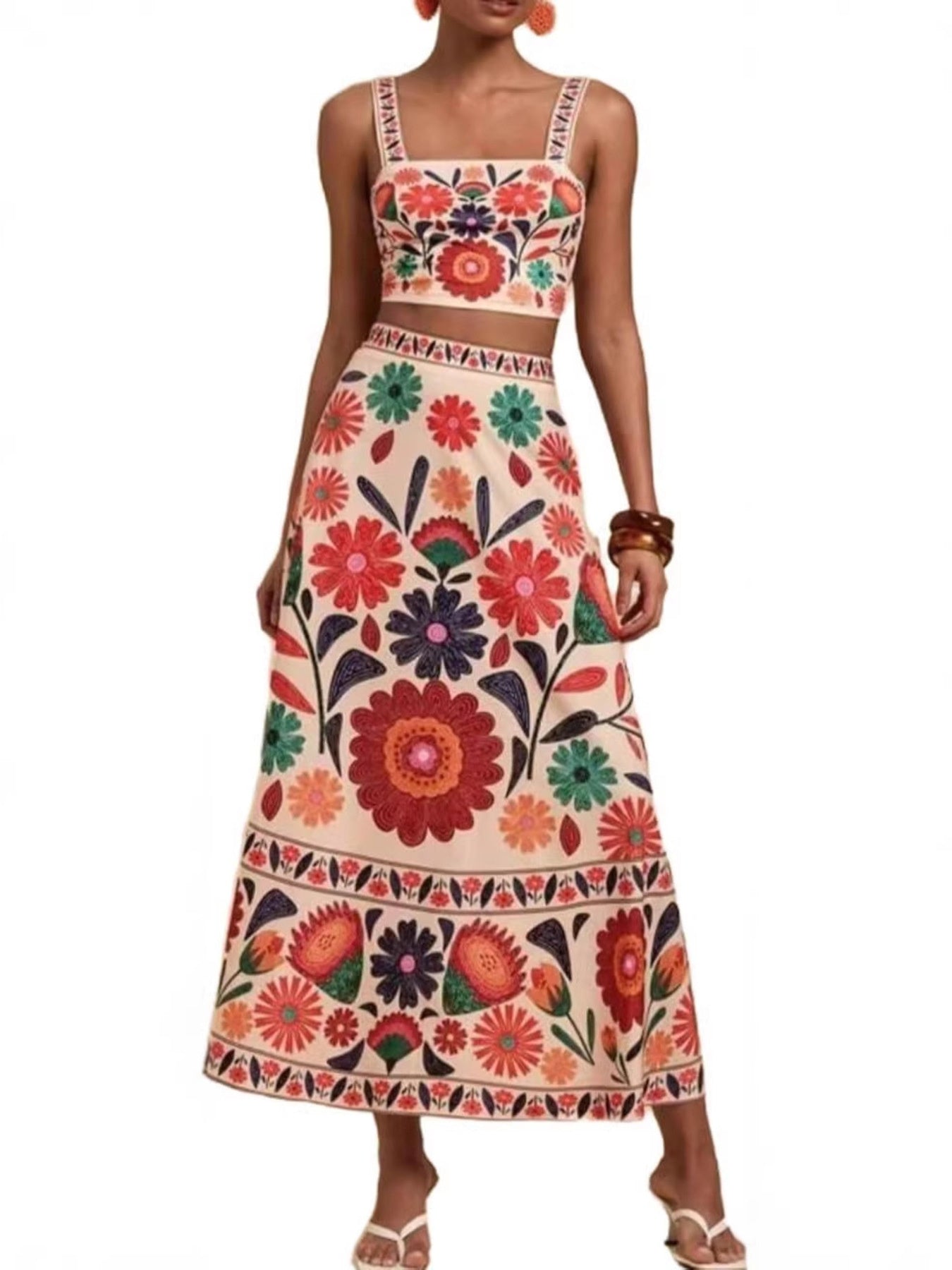 Floral print crop top and maxi skirt set in multicolor with square neckline