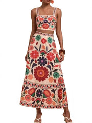 Floral print crop top and maxi skirt set in multicolor with square neckline