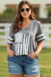 Dark gray v-neck t-shirt with American flag print and white varsity stripes on sleeves.