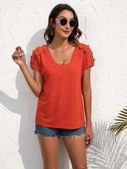 Red Orange tee with lace shoulder detail and scoop neck.