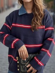 Navy acrylic knit crewneck pullover with red and white nautical stripes and denim collar detail.