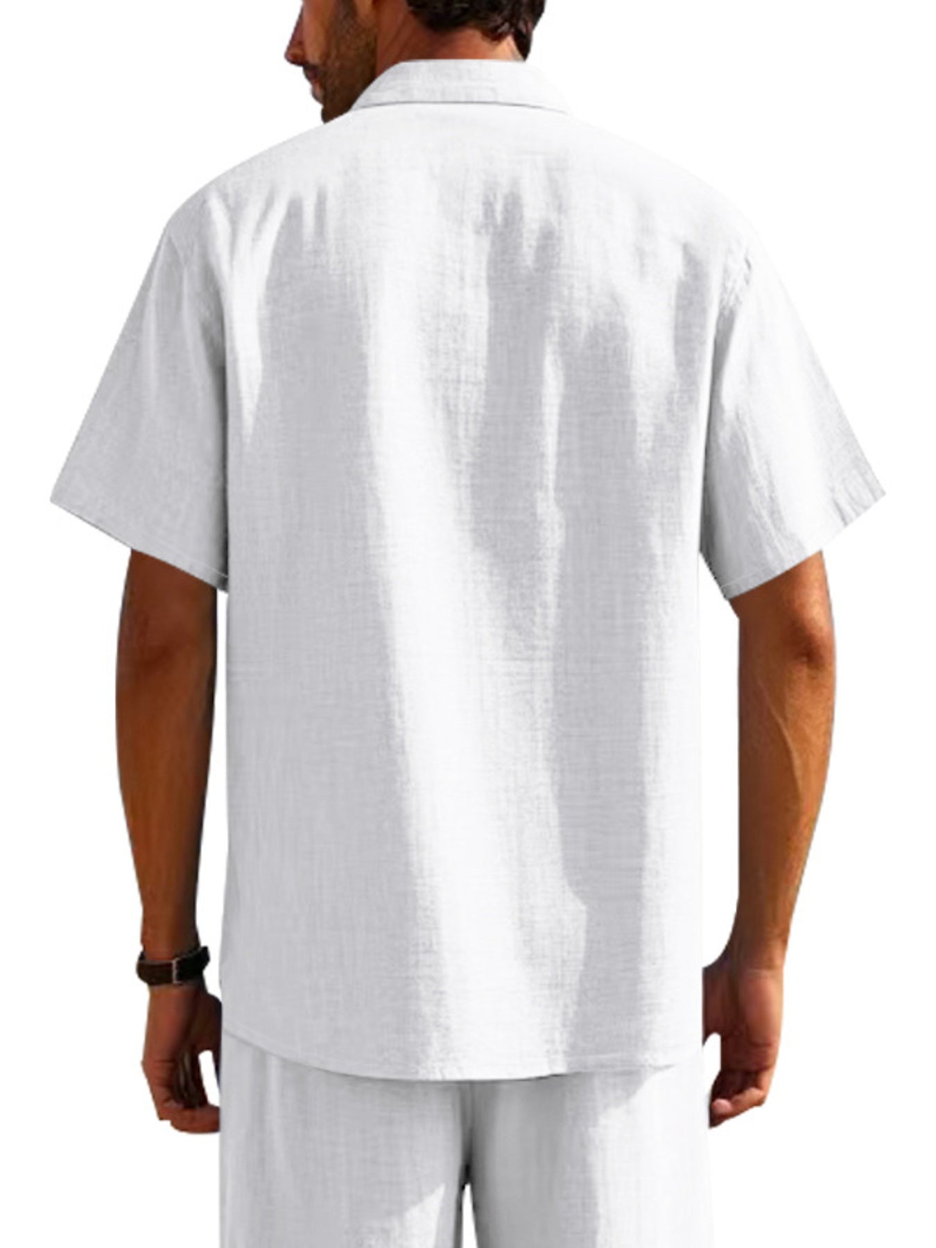 White short sleeve button-down shirt with pockets, collared neckline and breathable fabric.