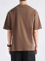 Men's brown cotton short sleeve tee with crew neck, shown from the back.
