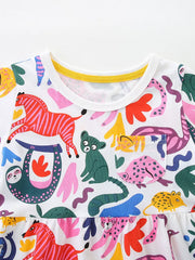 Toddler dress with playful animal print, crew neck, short sleeves, and chest pocket.