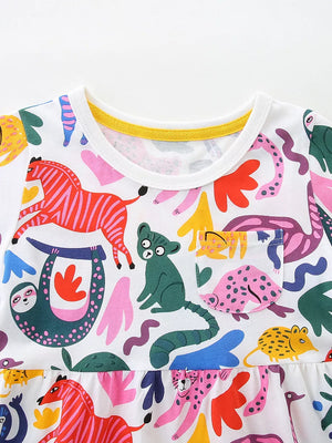 Toddler dress with playful animal print, crew neck, short sleeves, and chest pocket.