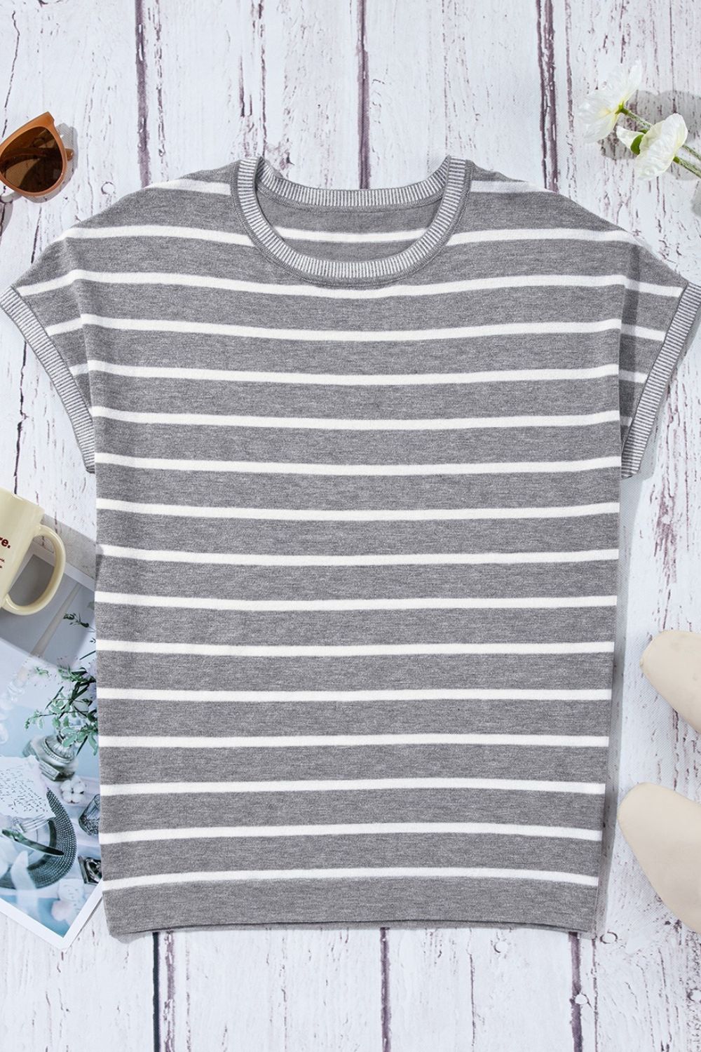 Light Gray and white striped boxy tee with contrast trim neckline and sleeves.