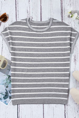 Light Gray and white striped boxy tee with contrast trim neckline and sleeves.