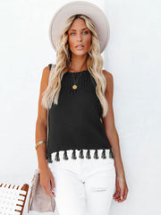 Black knit tank top with crochet detail and tassel trim