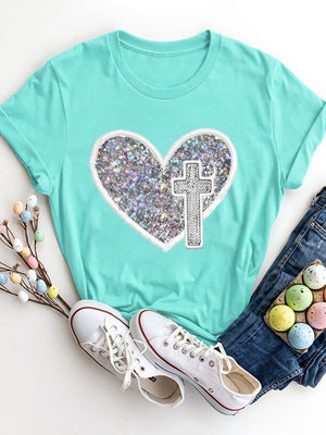Aqua t-shirt with iridescent heart and cross appliqué detail