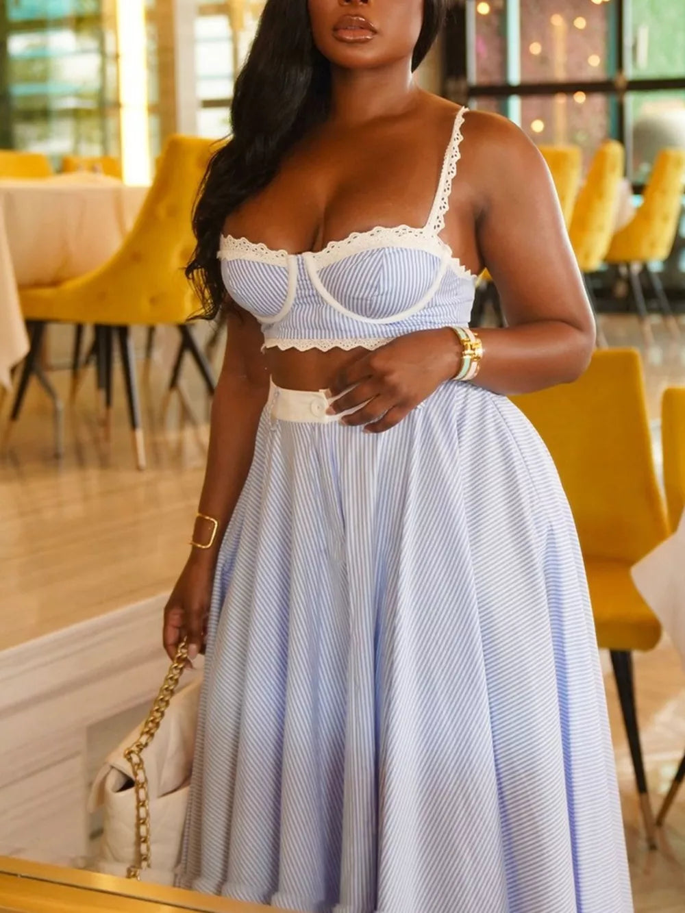 Blue striped cami and maxi skirt set with white lace trim.