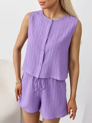 Purple textured cotton tank and shorts set with button front and drawstring waist.