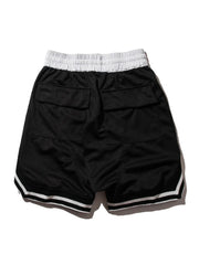 Black mesh basketball shorts with white drawstring and striped trim.